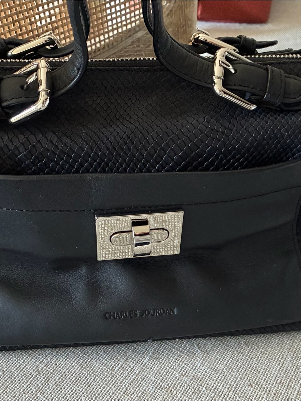 Charles Jourdan Black Leather Satchel with Silver Hardware